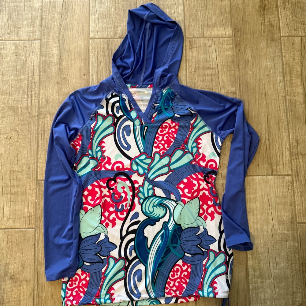 Reel Legends Keep-Cool Blue Floral Performance Hoodie Rash Guard Womens Medium